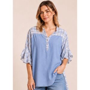 New UMGEE M 8 10 Blue Solid Plaid Henley Button Front Short Ruffle Sleeve Tunic